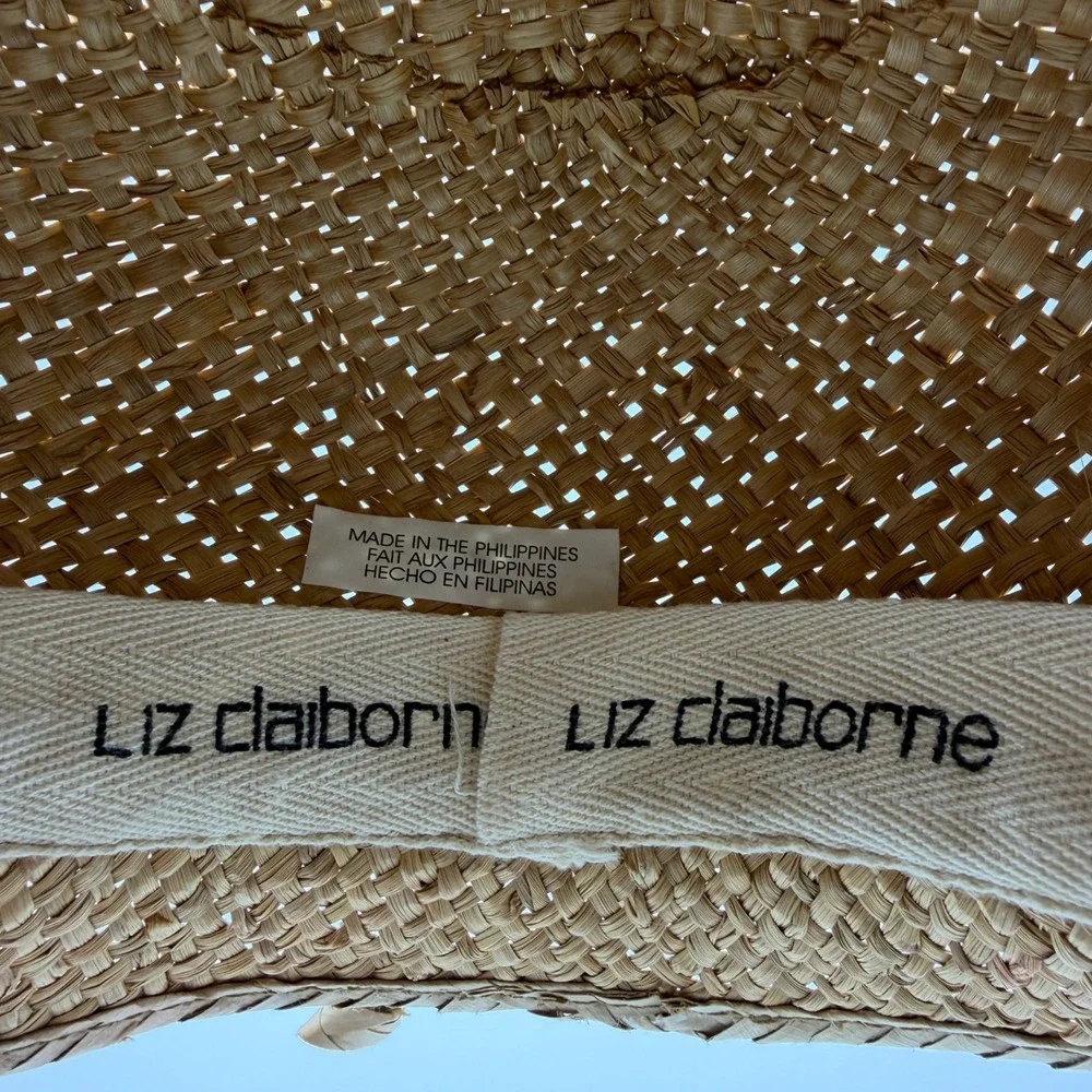 Liz Claiborne Tan Straw Cloche Hat Woven Sun Hat with Braided Bow Accent